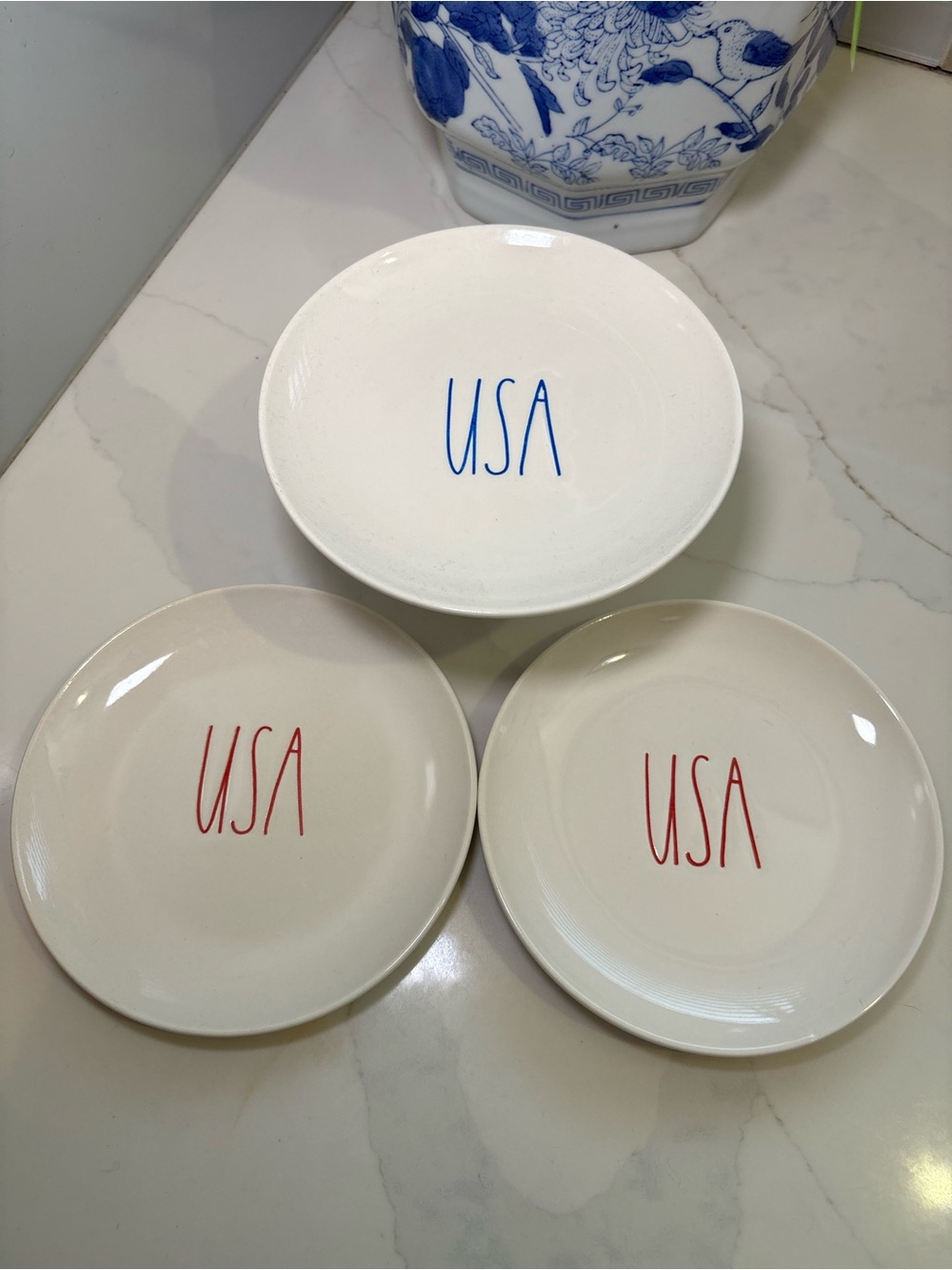 Rae Dunn USA Patriotic Ceramic Plates Set of 3 Appetizer Dessert 4th of July